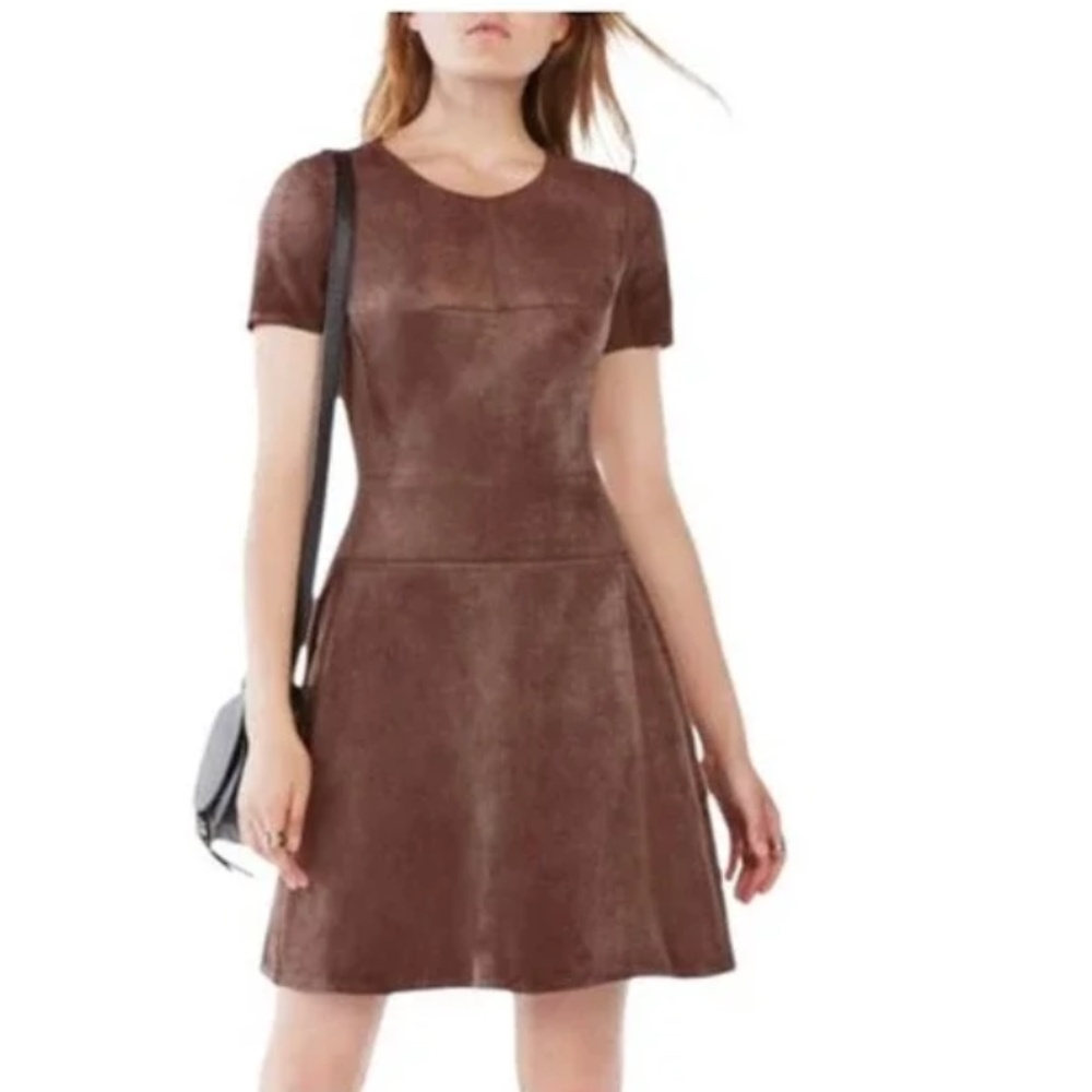 BcbgMaxazria Womens Brown Suede Short Sleeve Fit & Flare Darra Faux Dress Size 4
